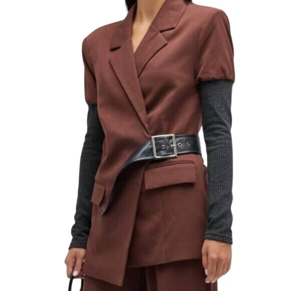 WeWoreWhat Crossover Belted Brown Blazer Ribbed Sleeves Womens Medium